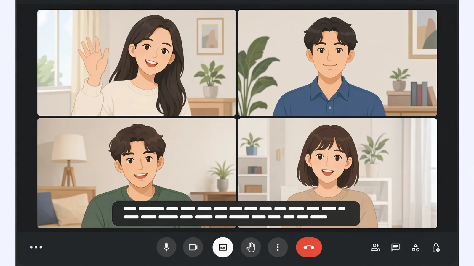 Google Meet interface with the Captions button visible in the bottom toolbar and live captions displaying at the bottom of the screen