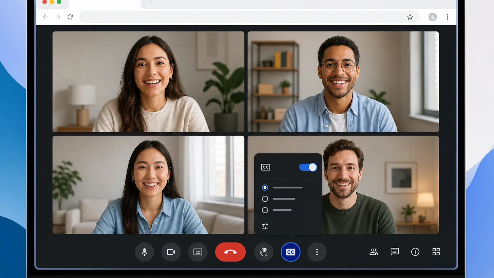 Google Meet on a desktop browser with the three-dot menu open and the Captions option highlighted