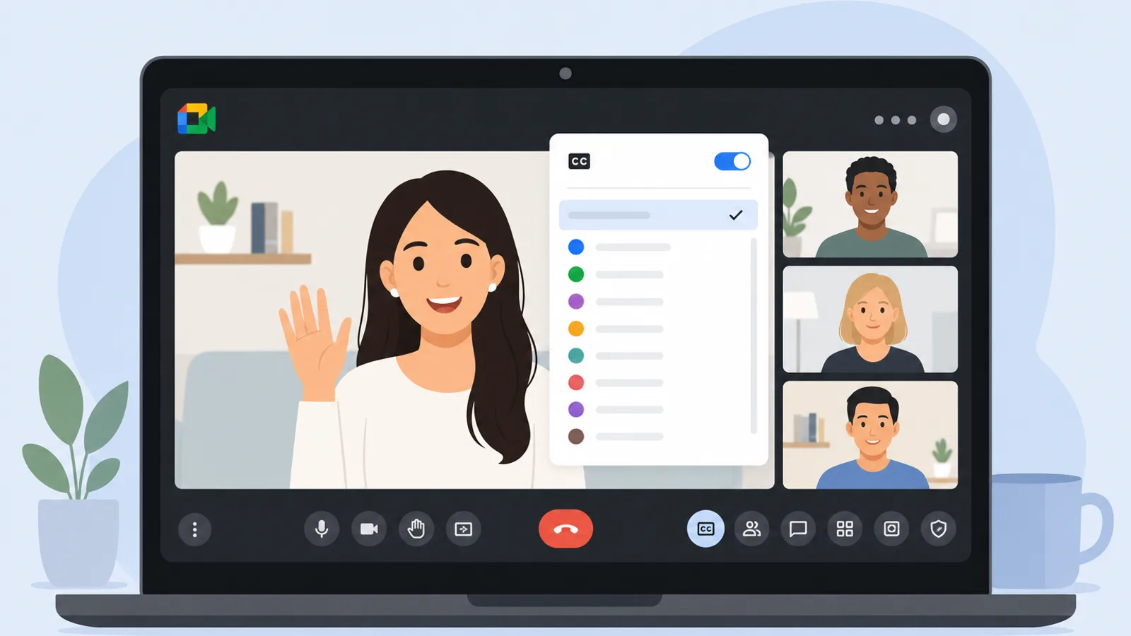 Google Meet captions settings screen with the Language dropdown open