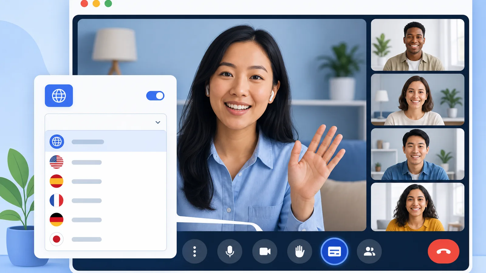Google Meet captions settings with the Translated captions option toggled on and a target language dropdown