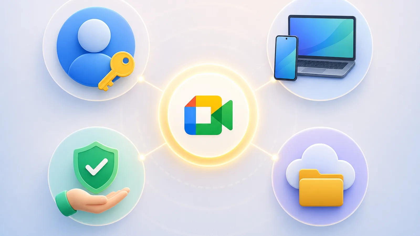 Diagram of the four requirements to enable transcripts in Google Meet: account, device, permission, and storage