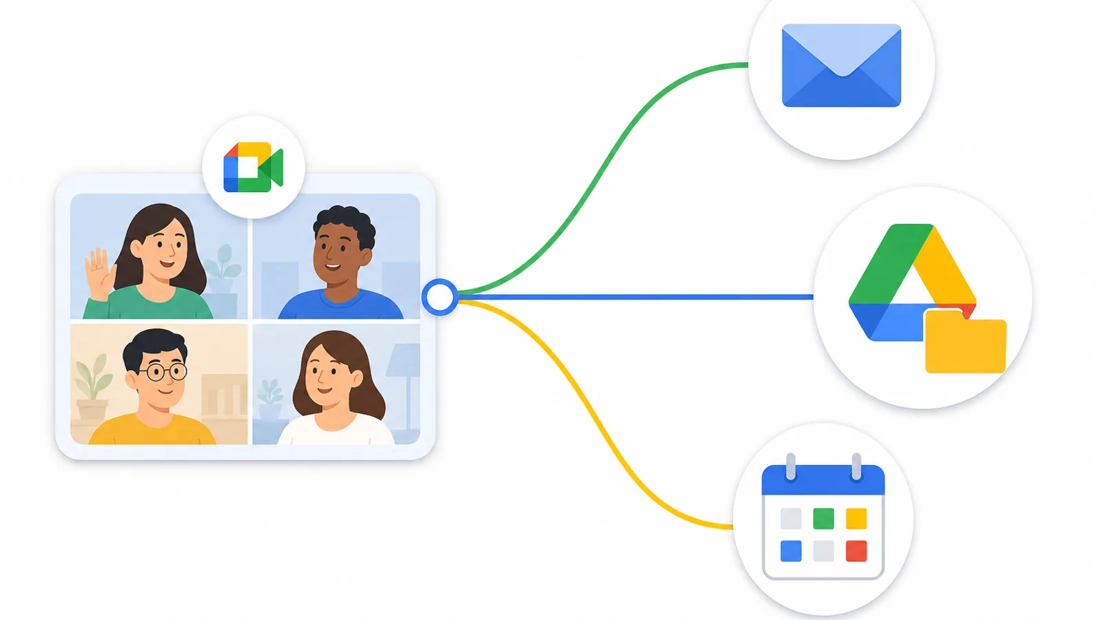 Diagram of the three places to find transcripts after a Google Meet meeting: email, Google Drive, and Google Calendar