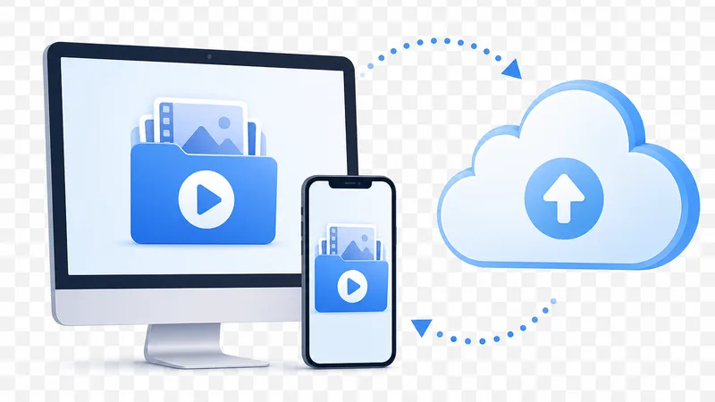 thư mục video trên máy tính và điện thoại bên cạnh biểu tượng lưu trữ đám mây