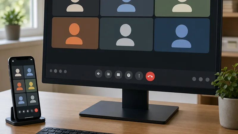 màn hình máy tính mở google meet cạnh điện thoại đang vào cuộc họp